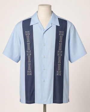 Moon Men's Guayabera Geometric Embroidery Button Up Shirt Blue L Rockabilly